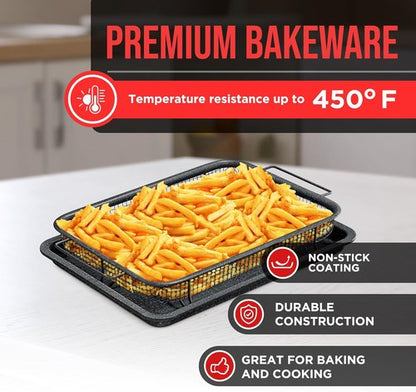 Bakken Swiss Crisper Tray - Non-Stick 2-Piece Set for Healthier Cooking | Gray Marble Design