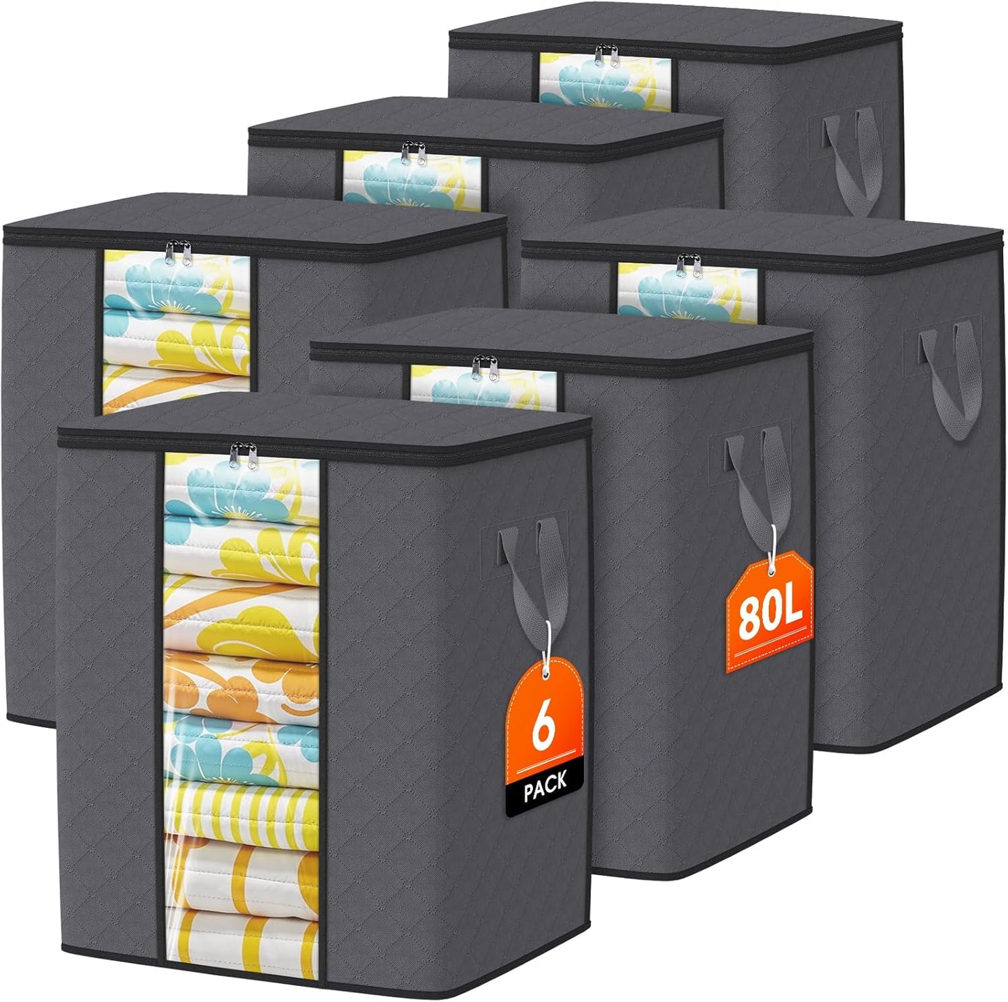 SpaceTrove Clothes Storage Bags - 80L Large Capacity Organizers with Visual Window | 6-Pack Grey Bedding Solutions
