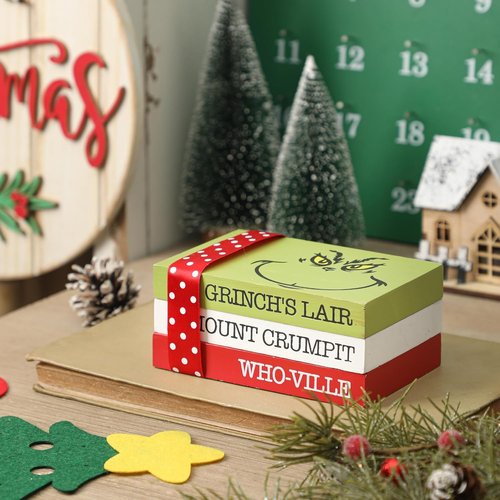 Grinch Christmas Decor - Wood Book Stack for Farmhouse Tiered Tray | Festive Home Table Accent
