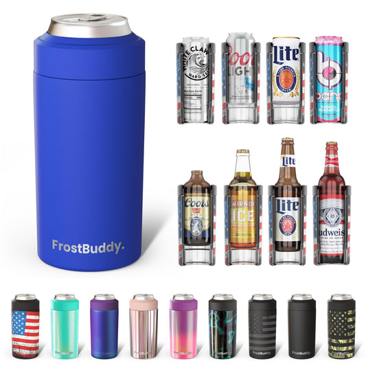 Frost Buddy Universal Can Cooler - Fits all - Stainless Steel Can Cooler for 12 oz & 16 oz Regular or Slim Cans & Bottles - Stainless Steel