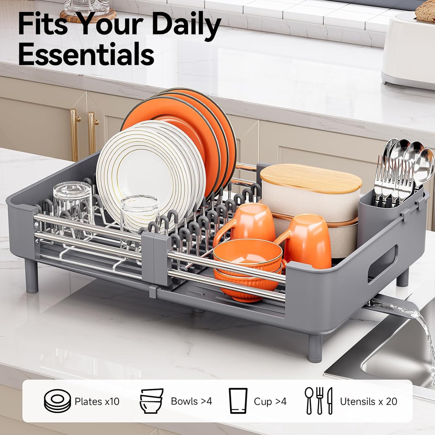 Skiennix Stainless Steel Dish Drying Rack - Space-Saving Kitchen Organizer with Extendable Drainboard & Foldable Design, Gray