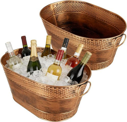 4 Gallon Galvanized Beverage Tub, 2 Pcs Heavy-Duty Copper Ice Buckets Large Galvanized Drink Buckets Oval Metal Beverage Ice Tub with Handles for Catering Bars Parties