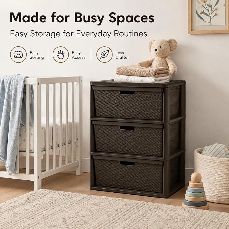 Wide 3-Drawer Decorative Organizer Chest Brown – Cross-Weave Storage Tower