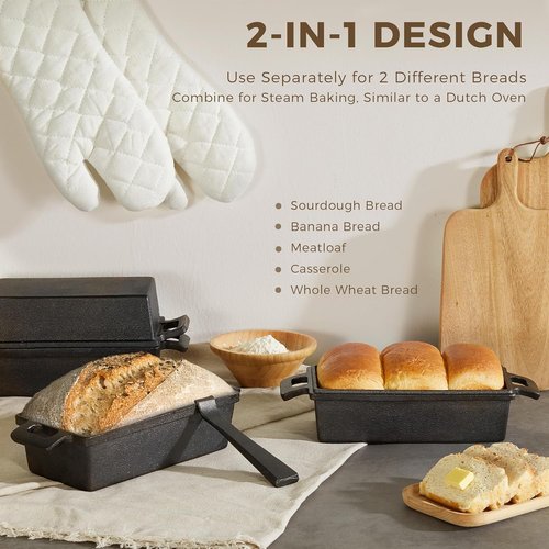 HONGBAKE Cast Iron Bread Pan - 2 in 1 with Lid & Lever | Pre-Seasoned Nonstick 9x5 Sourdough Loaf Pan