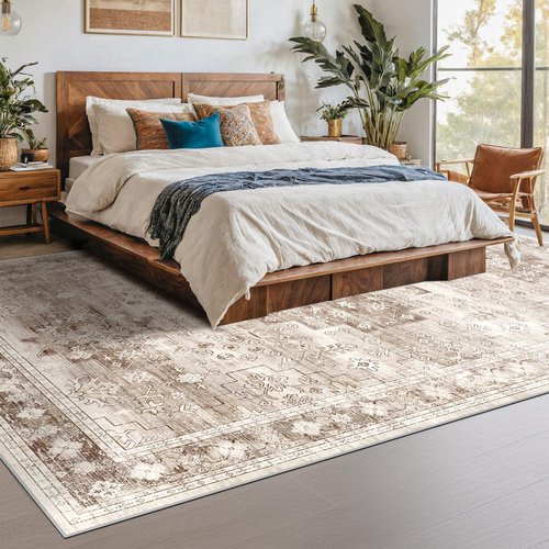 Washable Farmhouse Living Room Rug, 9x12 Area Rugs for Bedroom, Dining Room Under Table Carpet, Kids Room, Large Boho Vintage Non-Slip Floral Rugs Low Pile Stain Resistant (9x12 Beige/Latte)