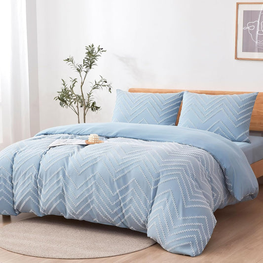 Tametra Boho Duvet Cover Queen - Ultra Soft Tufted Textured Design | Shabby Chic Embroidery, 90" x 90" (Blue)