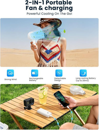 HandFan Portable Handheld Fan - 3 Speed Rechargeable Cooling Fan, 180° Foldable, 20H Runtime | White