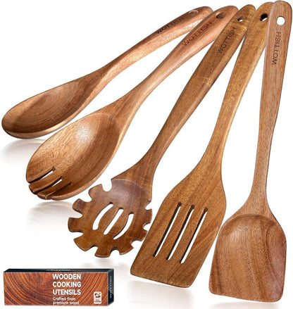 Skiennix Wooden Spoons for Cooking - 5-Piece Natural Solid Wood Utensil Set | Includes Salad Spoons, Strainer Spoon, Mixing Spoon, Slotted Spatula