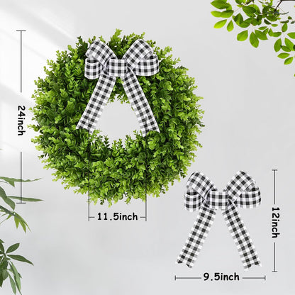 Vlorart 20" Faux Boxwood Wreath - Large Artificial Greenery with Plaid Bow for Door & Wedding Decor