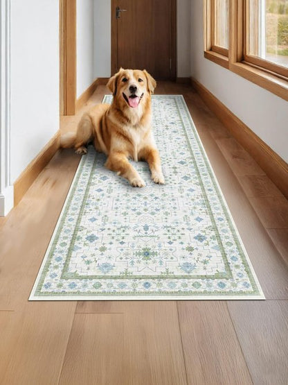 Hazo Haus Oushak Wide Hallway Runner Rug 2'6"x8' - Vintage Turkish Floral, Washable Low Pile Non Slip Extra Long Runners for Kitchen, Hall Way - Cream Blue and Green