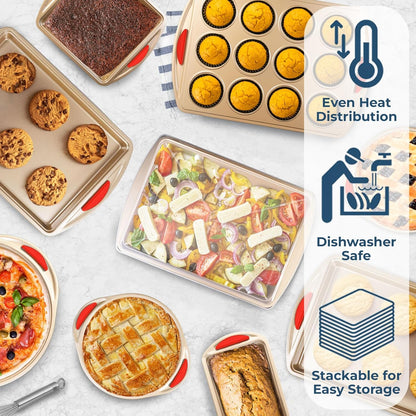 Perlli 10-Piece Nonstick Baking Set - Gold Steel Bakeware with Silicone Handles & Versatile Pans