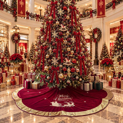 72 Inch Velvet Christmas Tree Skirt with Santa Reindeer Embroidery - Burgundy Vintage Scallop