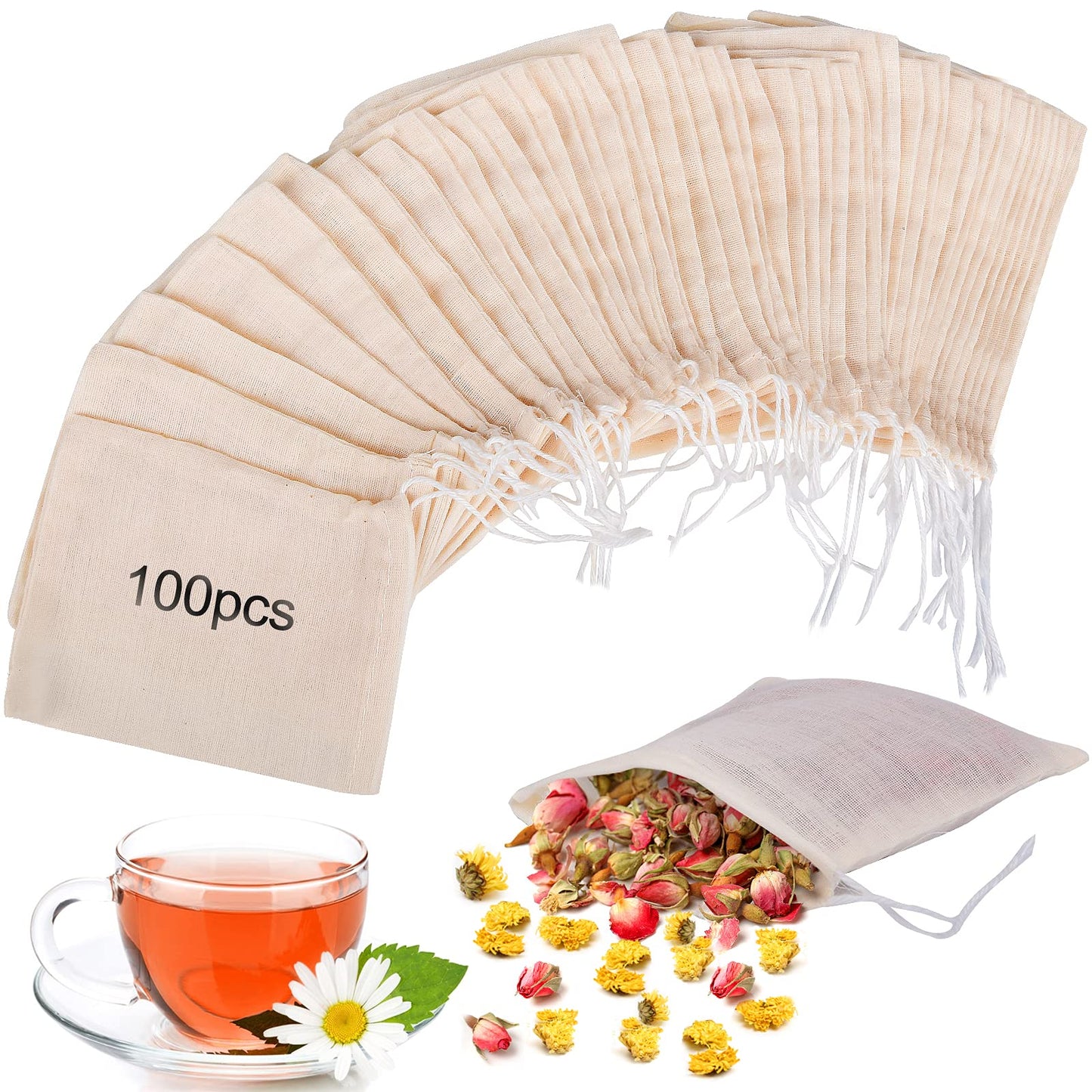 100 Pack Tea Filter Bags with Drawstring, Tea Filter Bags for Loose Tea, Reusable Tea Filter Bags, Disposable Tea Infuser Sachets for Tea Leaf Coffee Brew, Cheesecloth Mesh Muslin Strain Bags 3x4 inch