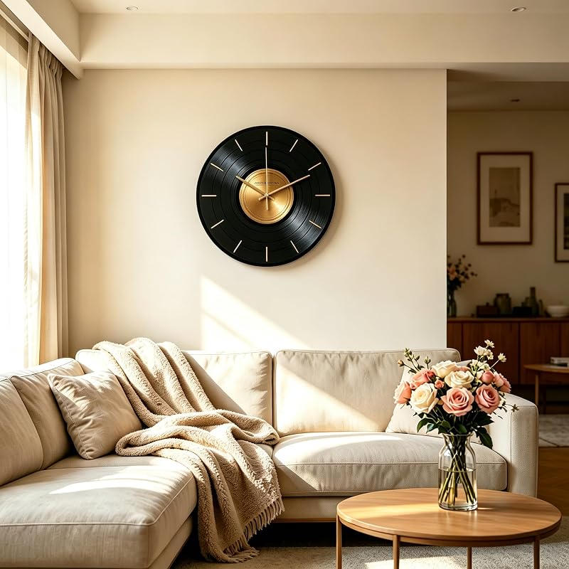 Wall Clock 12 Inch Glass Vinyl Record | Silent Battery-Operated Music Theme Clock - Size D