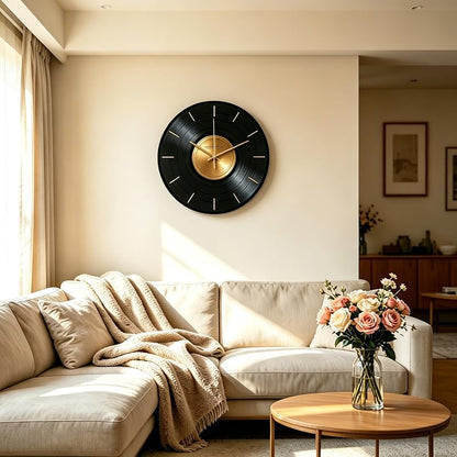 Wall Clock 12 Inch Glass Vinyl Record | Silent Battery-Operated Music Theme Clock - Size D