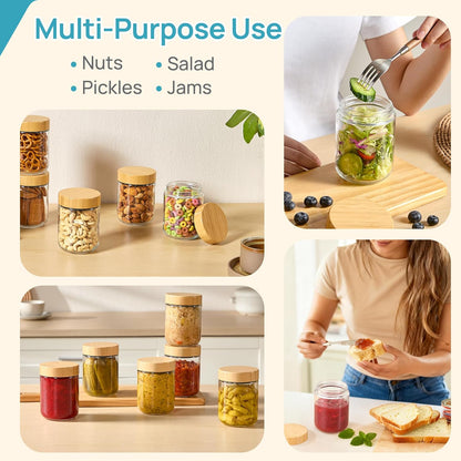 Vtopmart 16oz Glass Overnight Oats Containers - 6 Pack with Bamboo Lids | Leak-Proof & Reusable Storage Jars