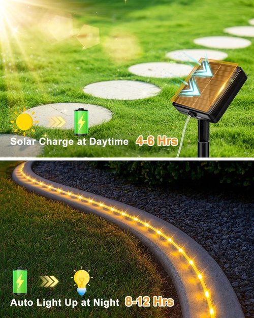 Btfarm Solar Rope Lights - 120 LED Waterproof Outdoor String Lights | 46FT with 8 Lighting Modes for Garden & Party Decor - Warm White