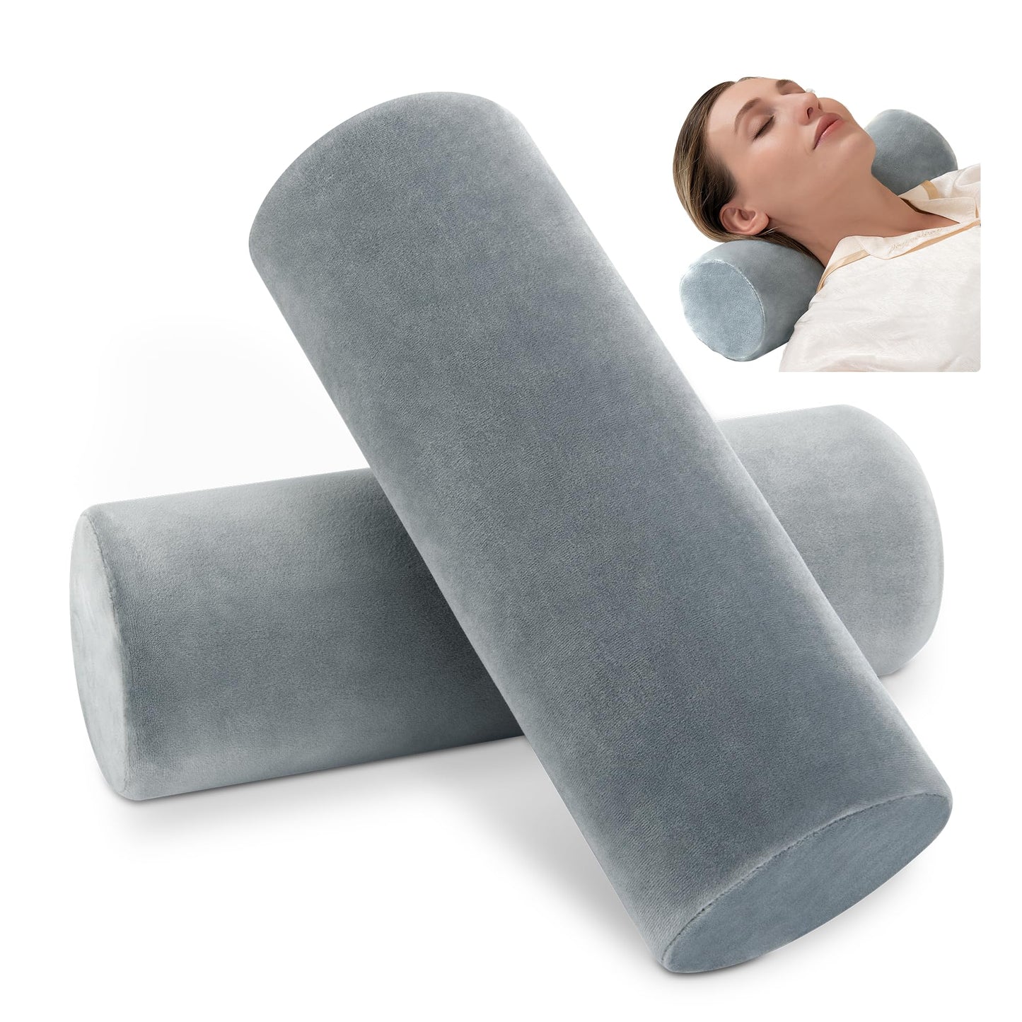 urnexttour Cervical Neck Pillow 2 Pack Memory Foam Round Roll Pillows for Pain Relief Firm Neck Brace Lumbar Pillows Grey 13.3 x 4.7 Inches