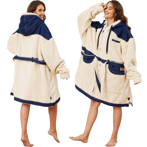 KOOETTS Wearable Blanket Hoodie Women Men With Zipper Denim & Sherpa Sweatshirt Blanket for Adult Warm & Cozy Oversized Hooded Blanket Jacket Birthday Gifts for Wife Mom Husband