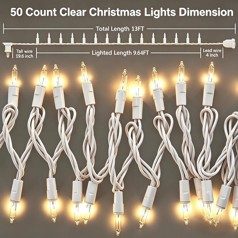 TIGOMOOV Clear White Christmas Lights, 50-Ct 13ft Incandescent String Lights, Plug-In, End-to-End Connectable, White Wire - Variation: Clear White-White Wire+50 Count-1PC