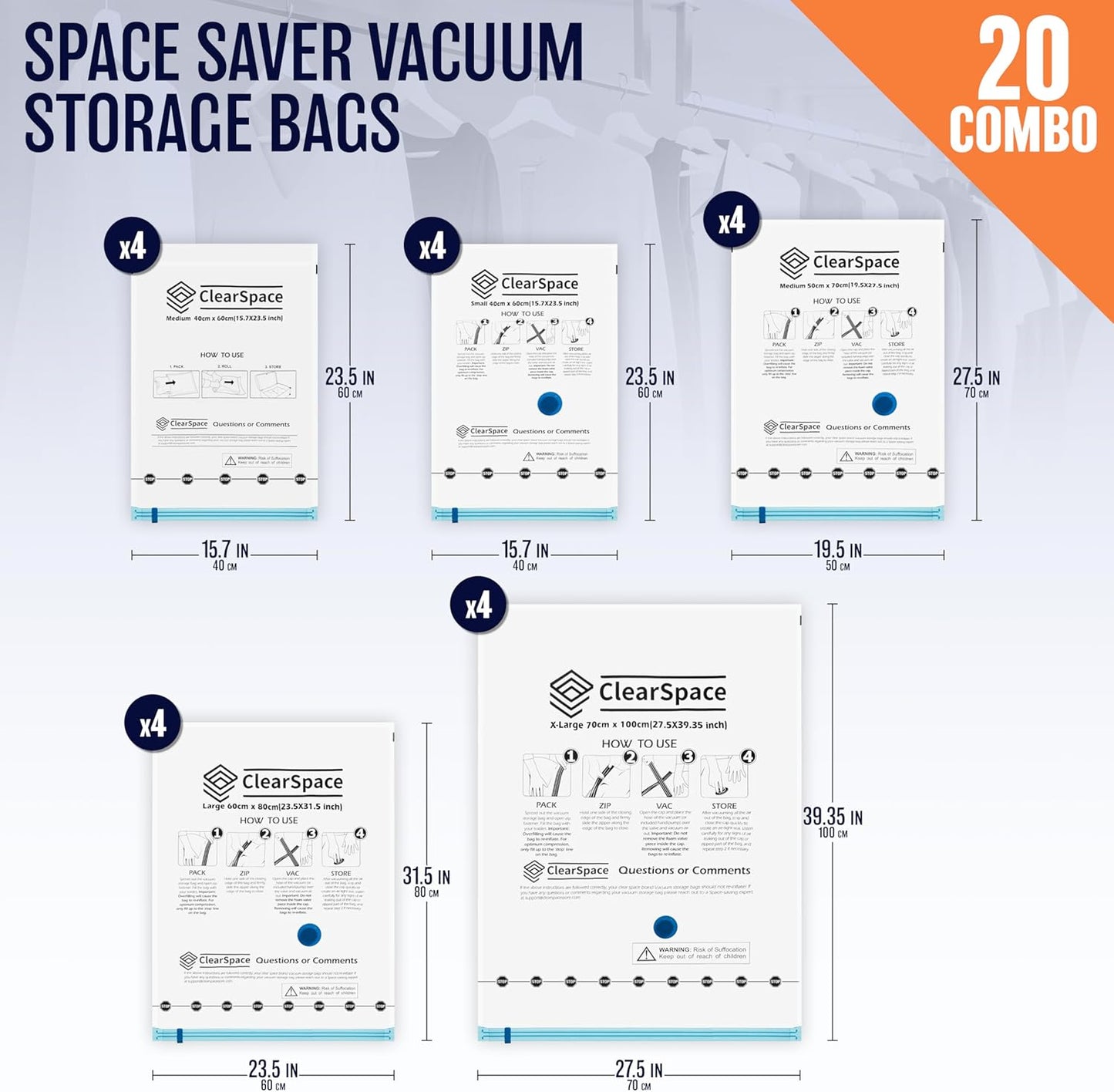 Skiennix Vacuum Seal Bags - Space Saver Storage for Clothing & Blankets | 20 Combo Set with Hand Pump