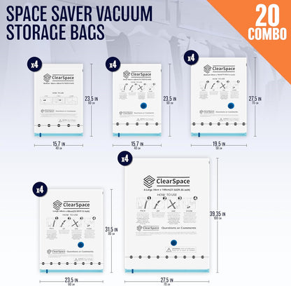 Skiennix Vacuum Seal Bags - Space Saver Storage for Clothing & Blankets | 20 Combo Set with Hand Pump
