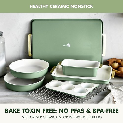 GreenPan Bakeware Set - 7 Piece Nonstick Ceramic Baking Sheets & Pans | PFAS & BPA Free, Sage Green