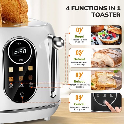 Keenstone Smart Touch Screen Toaster - Retro 2-Slice Stainless Steel with 6 Browning Levels | White