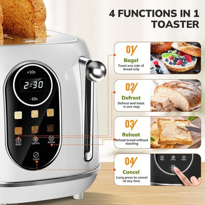 Keenstone Smart Touch Screen Toaster - Retro 2-Slice Stainless Steel with 6 Browning Levels | White