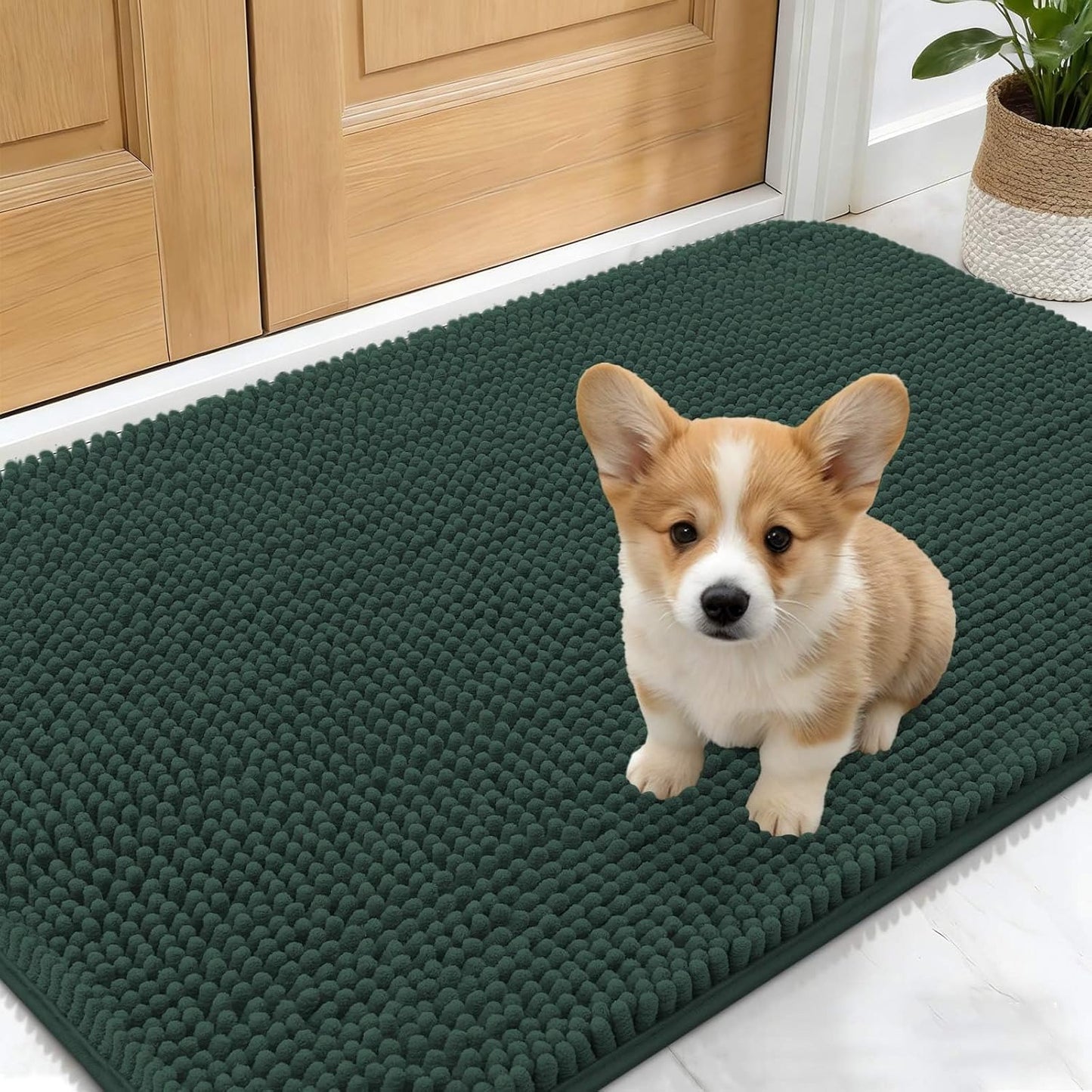 OLANLY Dog Door Mat - Absorbent Non-Slip Mud Mat for Indoor Use | 24x16, Quick Dry Chenille, Blackish Green