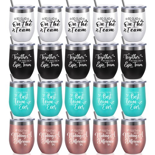 Employee Appreciation Gifts Wine Tumbler Team Gifts for Employee Thank You Gift for Coworker Women Men, 12 oz Wine Tumbler Insulated Stainless Steel Tumbler with Lid and Straw (Charming Style, 20 Pcs)