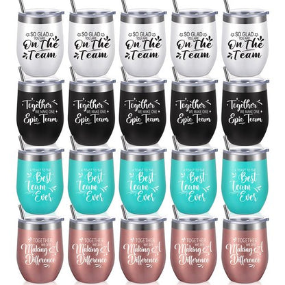 Employee Appreciation Gifts Wine Tumbler Team Gifts for Employee Thank You Gift for Coworker Women Men, 12 oz Wine Tumbler Insulated Stainless Steel Tumbler with Lid and Straw (Charming Style, 20 Pcs)