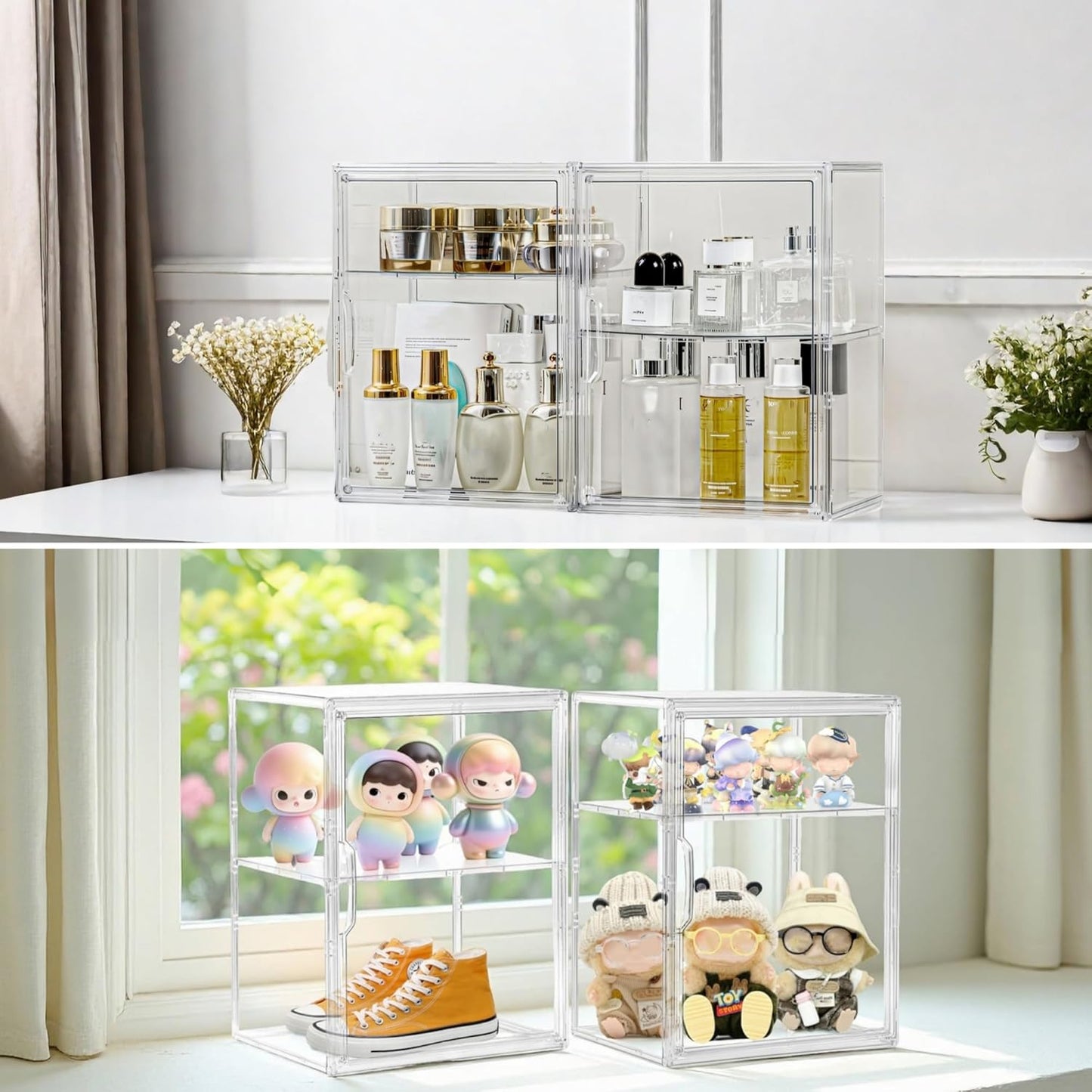 Skiennix Acrylic Display Case - Clear Storage Bin with 3 Adjustable Layers & Magnetic Door | Large 2-Pack