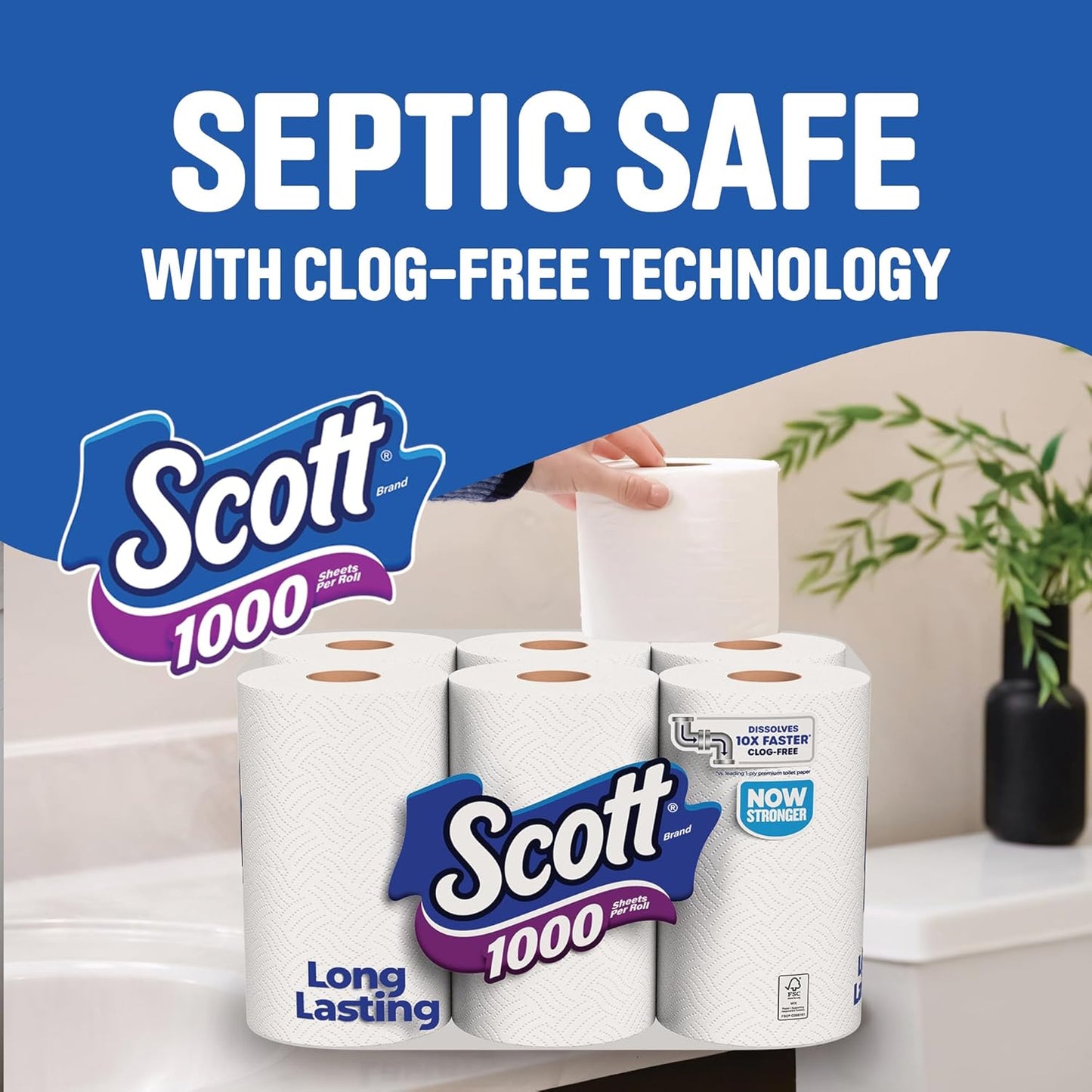 Scott 1000 Toilet Paper - Septic-Safe 1-Ply Tissue, 8 Rolls for Ultimate Cleanliness