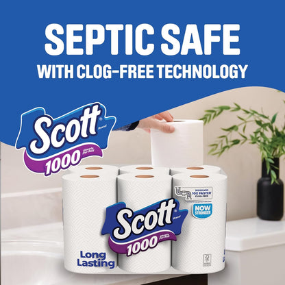 Scott 1000 Toilet Paper - Septic-Safe 1-Ply Tissue, 8 Rolls for Ultimate Cleanliness
