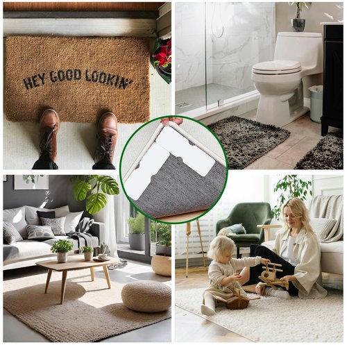 Sahhika Rug Tape,12Pcs Non Slip Grippers for Rug,Double Sided Reusable Rug Stopper Keep Area Rugs Corners from Curling and Bunching,Washable Rug Pad Grippers for Hardwood Floors, Tile Floors (White)