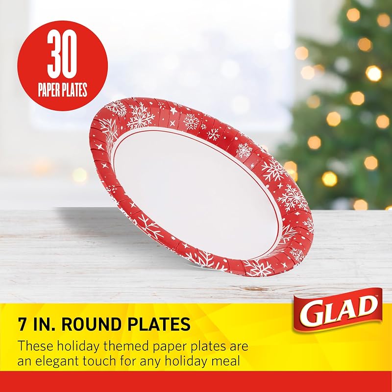 Glad Red Snowflake 7-Inch Disposable Paper Plates, 30 Count - Variation Red+7 Inch
