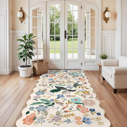 Skiennix Washable 4x8 Wide Runner Rug - Non-Slip Scalloped Floral Design | Soft, Stain-Resistant Cream Carpet for Hallway, Kitchen, and Bathroom