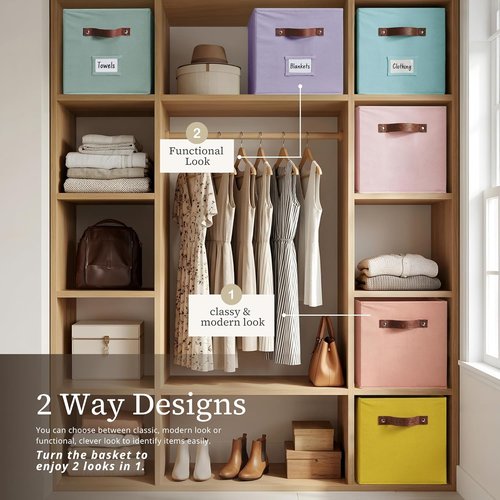DECOMOMO Storage Baskets - 13x15x13 Cube Bins with Labels for Organized Shelves | 4-Pack, Rainbow