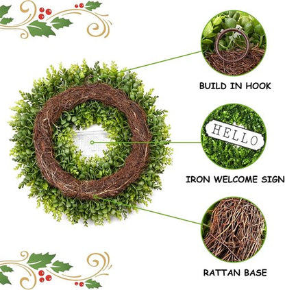 DDHS Large Boxwood Wreath - 24'' Artificial Spring Decor for Front Door | Year-Round Indoor/Outdoor Use