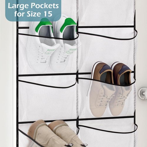 KIMBORA Over The Door Shoe Organizer - 12 Large Mesh Pockets for Boots | White Hanging Storage Rack