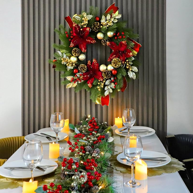 Red 24-Inch Christmas Wreath with Lights & Poinsettias - Pre-Lit