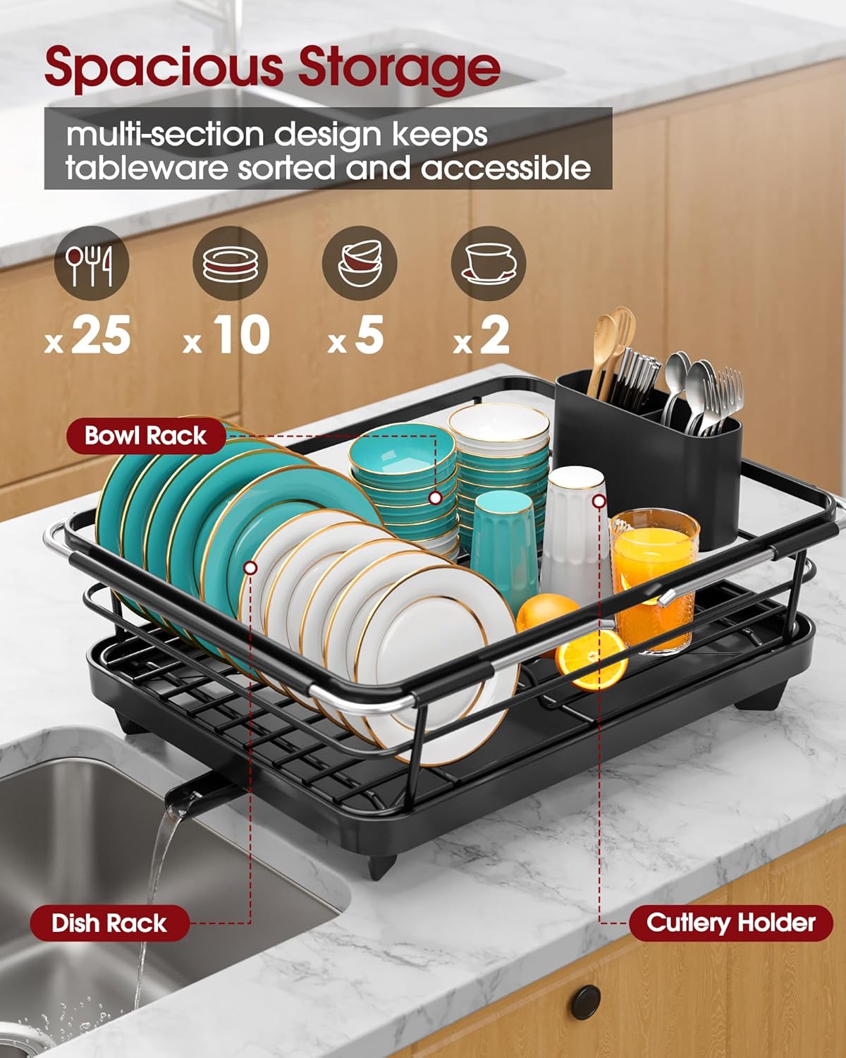 Skiennix Extendable Dish Drying Rack - Over Sink Storage with Utensil Holder | 12" W x 16.1~23" L, Black