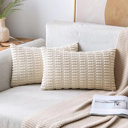 MIULEE Corduroy Lumbar Throw Pillow Covers - Soft Boho Striped Design | 22x14 Inch Cream White for Modern Home Decor