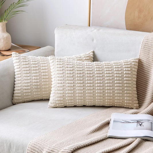 MIULEE Corduroy Lumbar Throw Pillow Covers - Soft Boho Striped Design | 20x12 Inch Cream White for Modern Home Decor