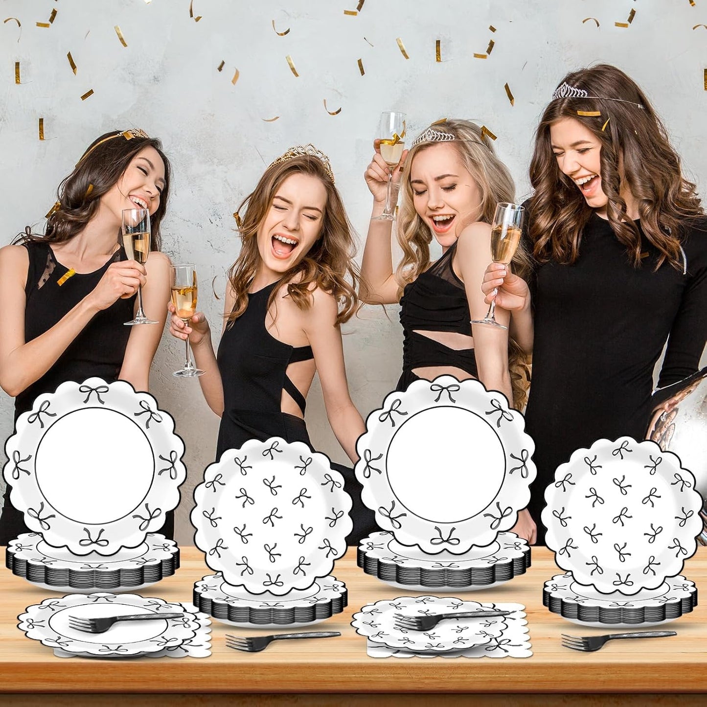 Skiennix 96-Piece Black & White Bow Party Decorations - Elegant Tableware for Birthdays & Showers, Serves 24