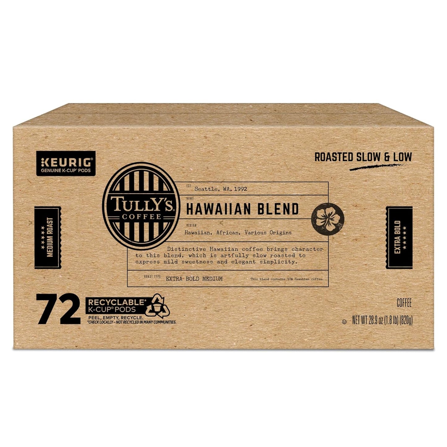 Tully's Coffee Hawaiian Blend K-Cup Pods - Medium Roast, 72 Count | Perfect for Keurig Machines