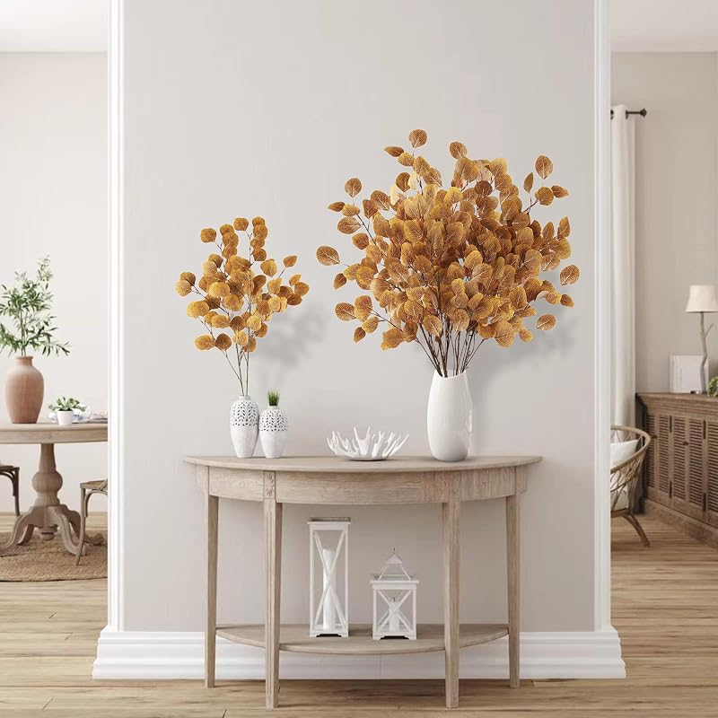 Fall Eucalyptus Leaves Stems – 6 Pcs Artificial Silk Silvery Dollar Leaves , Dark Yellow Variation