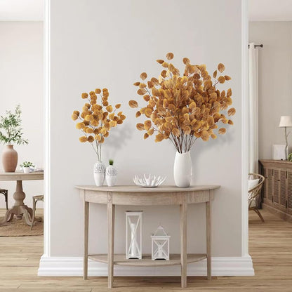 Fall Eucalyptus Leaves Stems – 6 Pcs Artificial Silk Silvery Dollar Leaves , Dark Yellow Variation
