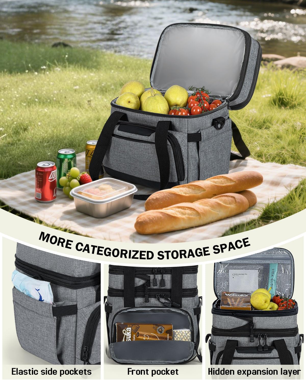 Skiennix Insulated Lunch Box - Dual-Compartment Cooler Bag for Adults | Expandable & Leakproof, Grey 24-Can (14L)